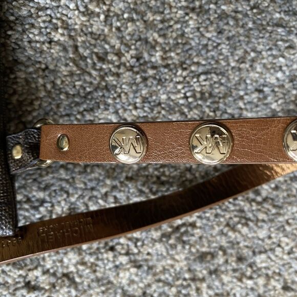 Michael Kors Belt Bag Brown Leather MK Logo 8x5" Gold Chain Travel Glam Designer - Picture 10 of 10
